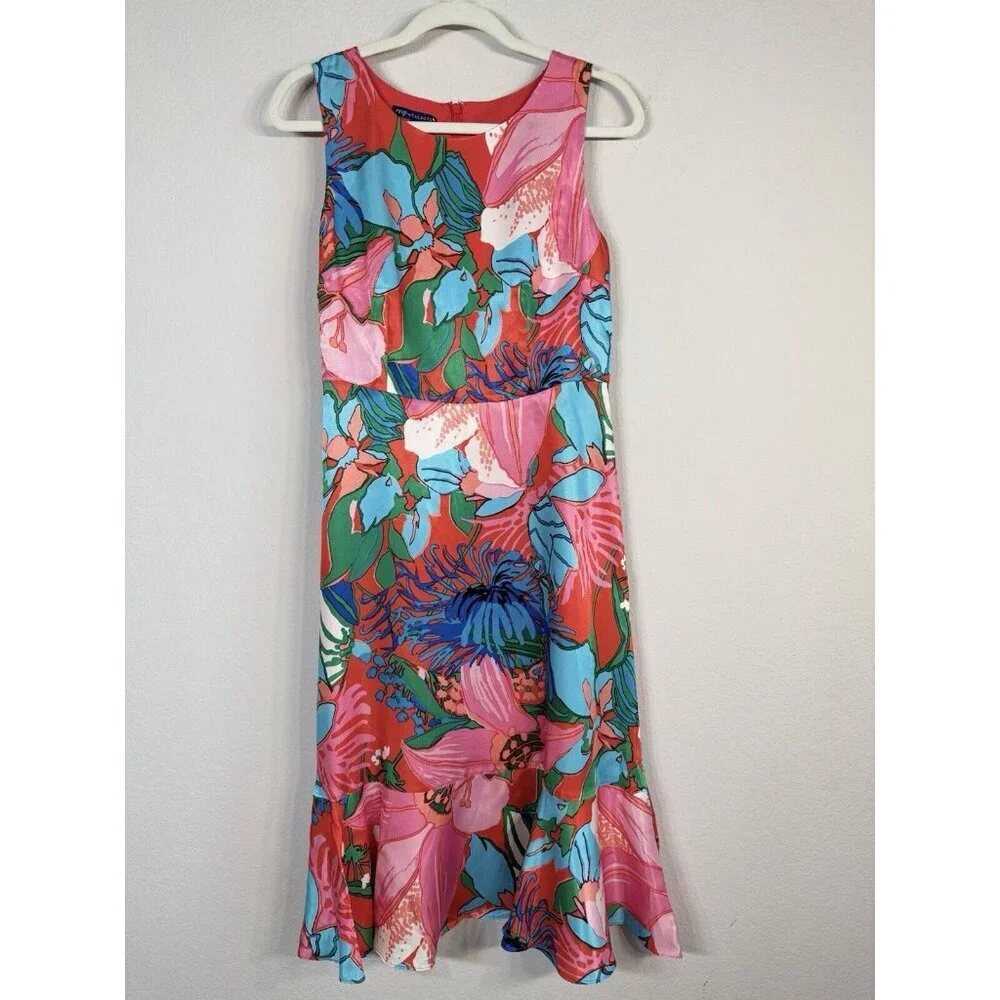 RSVP By Talbots Womens Dress Size 2 Tropical Floral Fit & Flare Ruffle Hem Lined